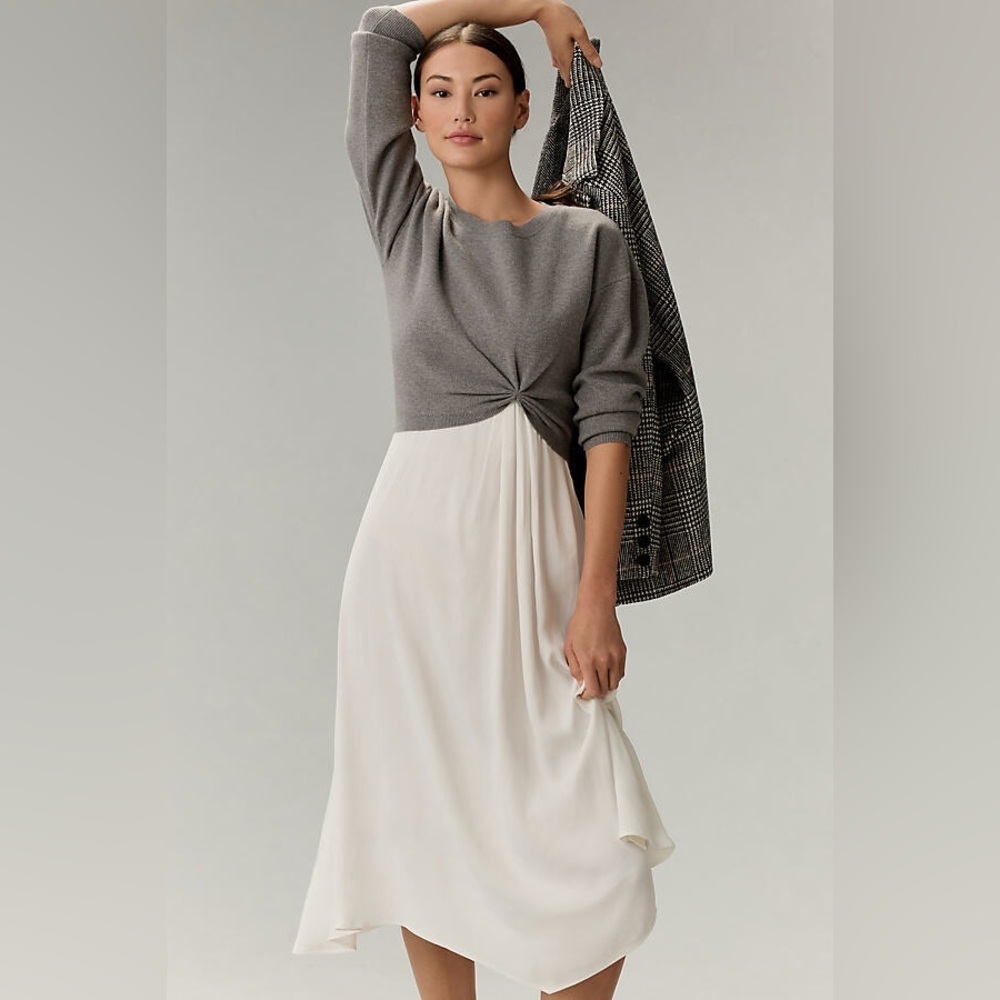 Anthropologie Long-Sleeve Twofer Sweater Midi Dress gray white